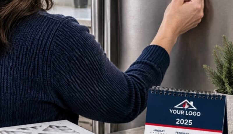 A homeowner placing a branded seasonal HVAC maintenance reminder magnet on a refrigerator.