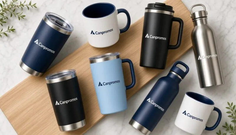 Variety of branded mugs and bottles with CanPromos logo on marble and wood surfaces.