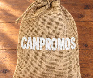 CANPROMOS applied directly to the Canadian Sampler burlap gift bag; illustrative decoration subject to proof.