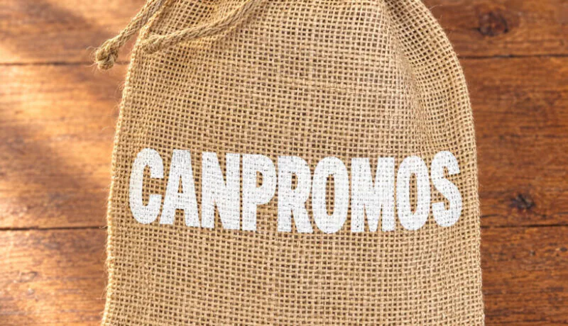 CANPROMOS applied directly to the Canadian Sampler burlap gift bag; illustrative decoration subject to proof.