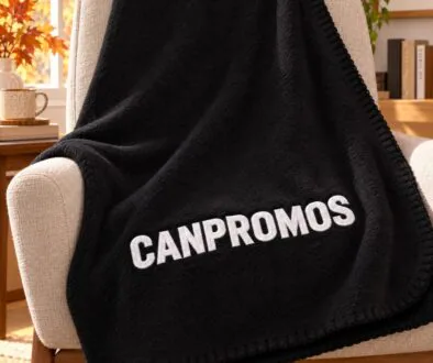 CANPROMOS applied directly to the RPET fleece blanket; illustrative decoration subject to proof.