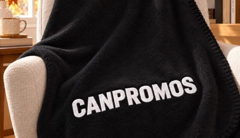 CANPROMOS applied directly to the RPET fleece blanket; illustrative decoration subject to proof.