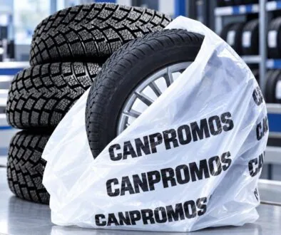 Stack of tires with one in a plastic bag at CanPromos.