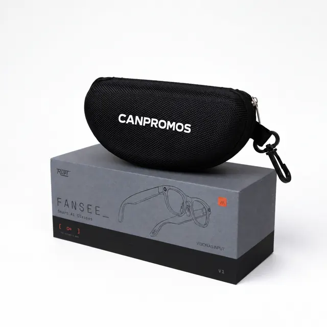 AI glasses protective case with CANPROMOS printed directly on the case