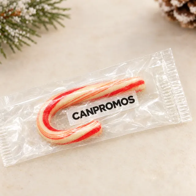 Small wrapped candy cane with CANPROMOS printed on its clear product label