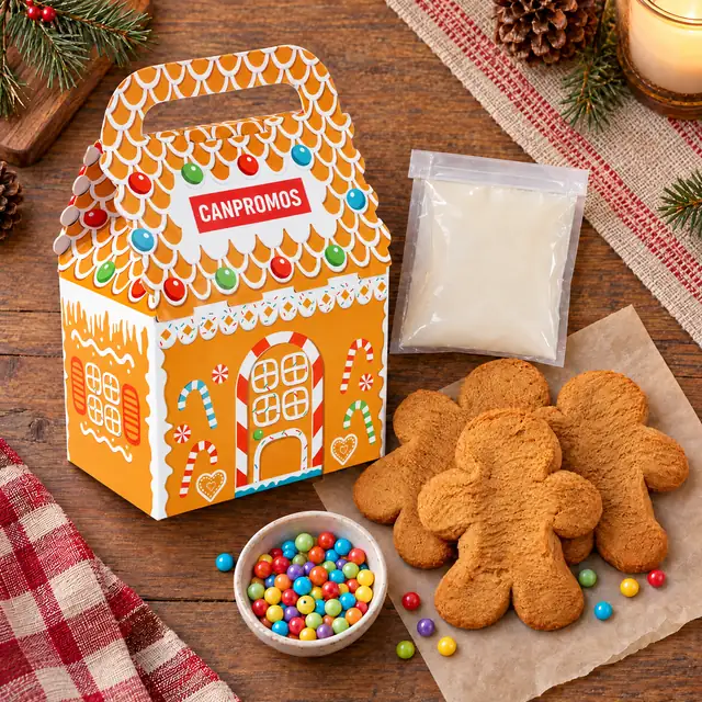 Gingerbread cookie decorating gift kit with CANPROMOS printed directly on its holiday carton
